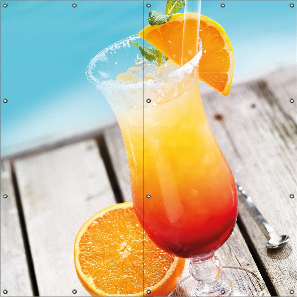 Wallario Outdoor-Poster für Garten oder Balkon, Motiv Bunter Cocktail am Pool, in ca. 180 x 180 cm