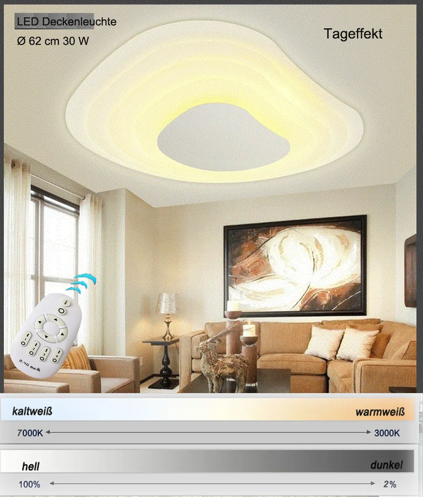 Plafonnier LED 30W réglable par télécommande avec diamètre 62 cm blanc