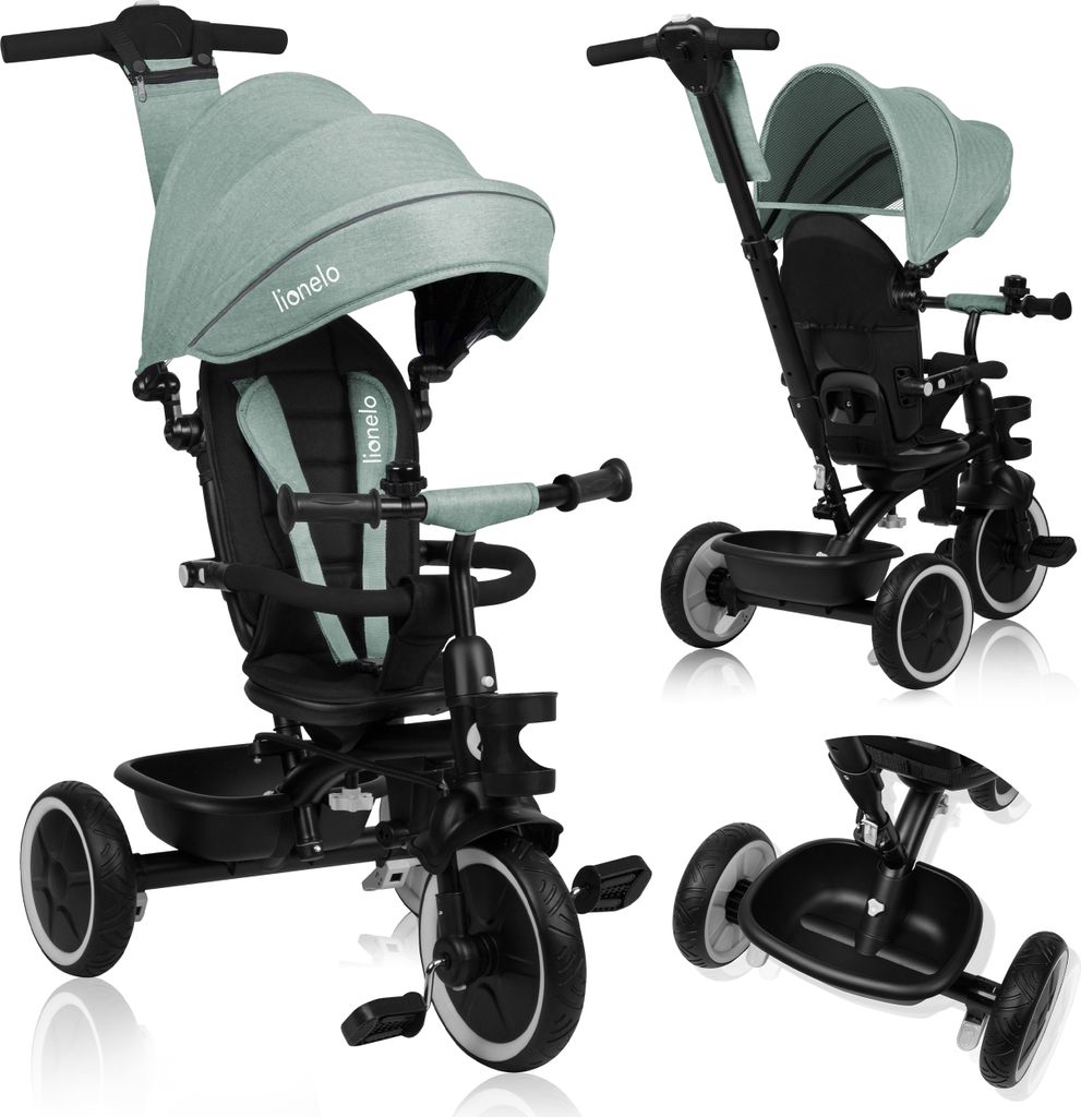 A collage of images showing a multifunctional tricycle from different angles.