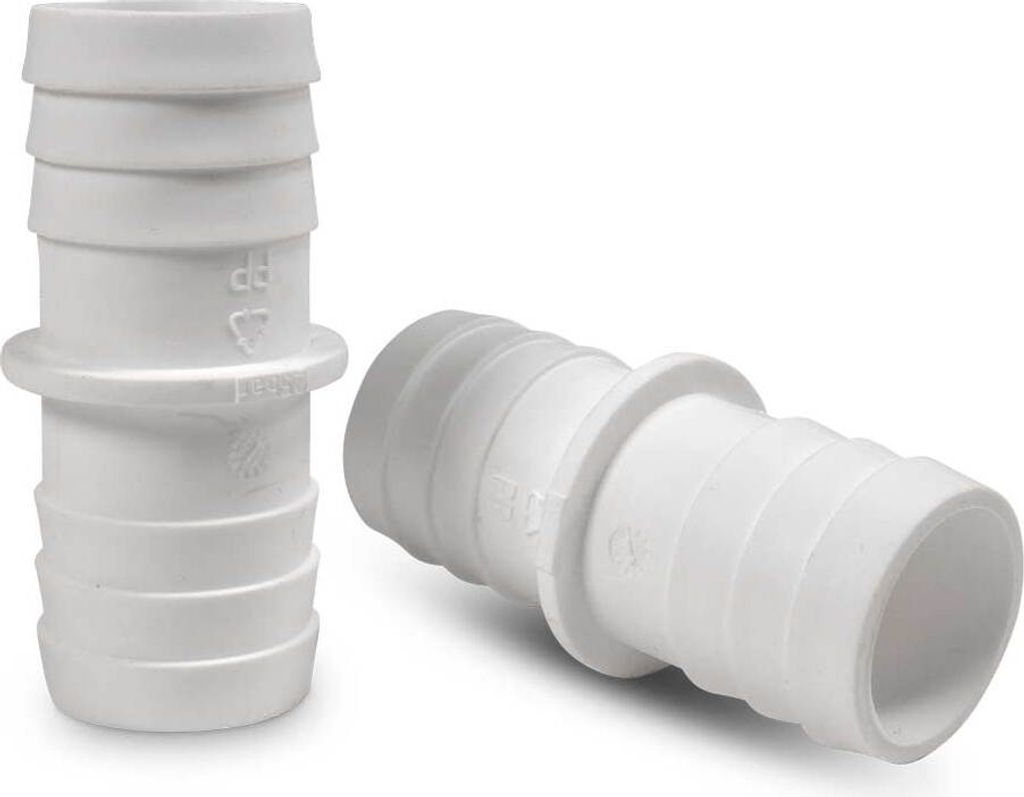 Two white plastic hose connectors are shown against a white background. One is standing upright, and the other is lying on its side.
