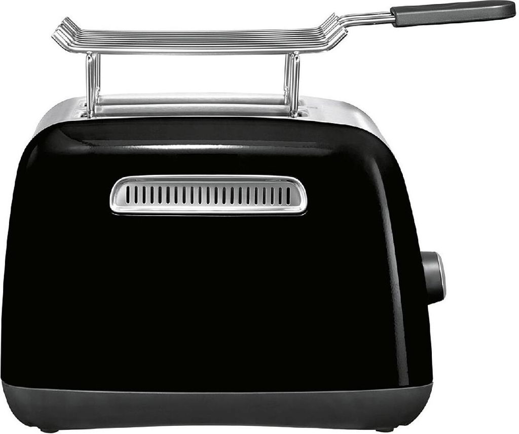 A black toaster viewed from the front, with a chrome wire rack on top.