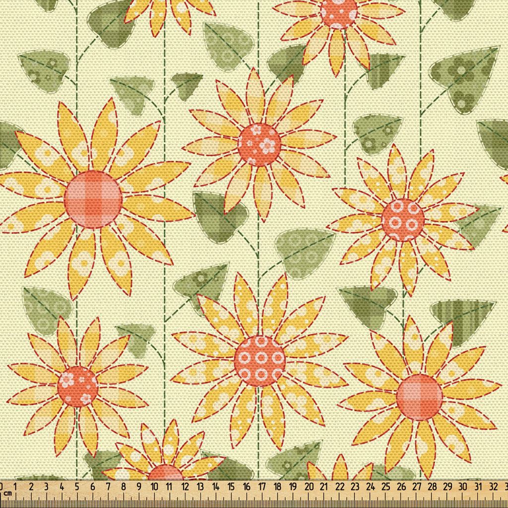 ABAKUHAUS Sonnenblume Gewebe als Meterware, Blumennatur-Muster im Patchwork-Art-rustikalen Land-Entwurf, 1 M (148 x 100 cm), Olive Grün Orange