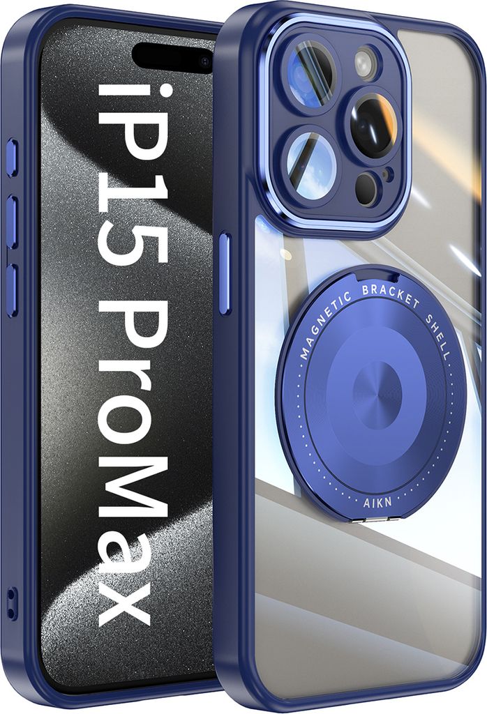 Handyhülle für iPhone 15 Pro Max Transparent Militärschutz mit Magnetring Ständer und Kameraabdeckung Blau