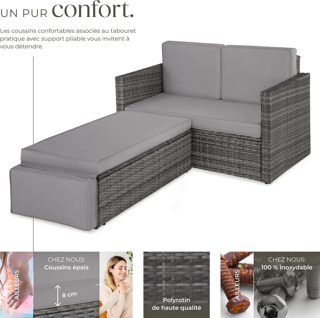 Canapé de jardin modulable gris CORFOU résistant aux UV et intempéries