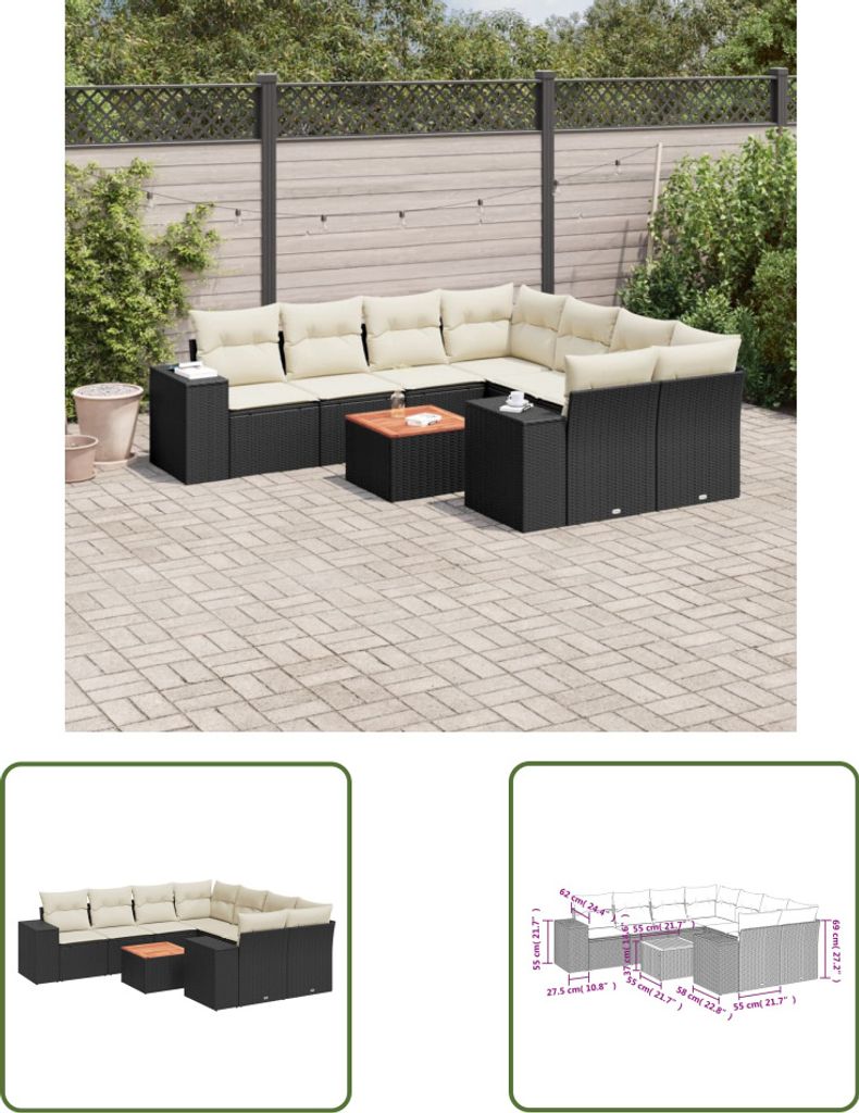 The Living Store 9-tlg. Garten-Sofagarnitur mit Kissen Schwarz Poly Rattan