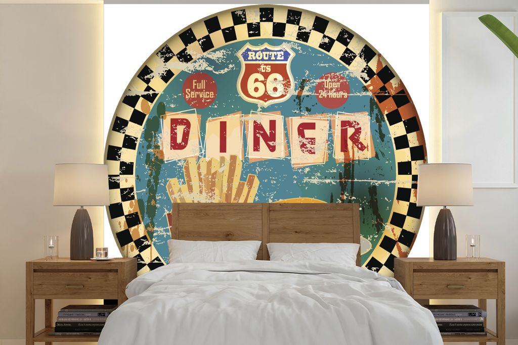 MuchoWow Fototapete für Wohnzimmer oder Schlafzimmer Wandtapete Vinyl Motivtapete Lebensmittel - Vintage - Amerika - Zeichnung - 220x220 cm - Ta...