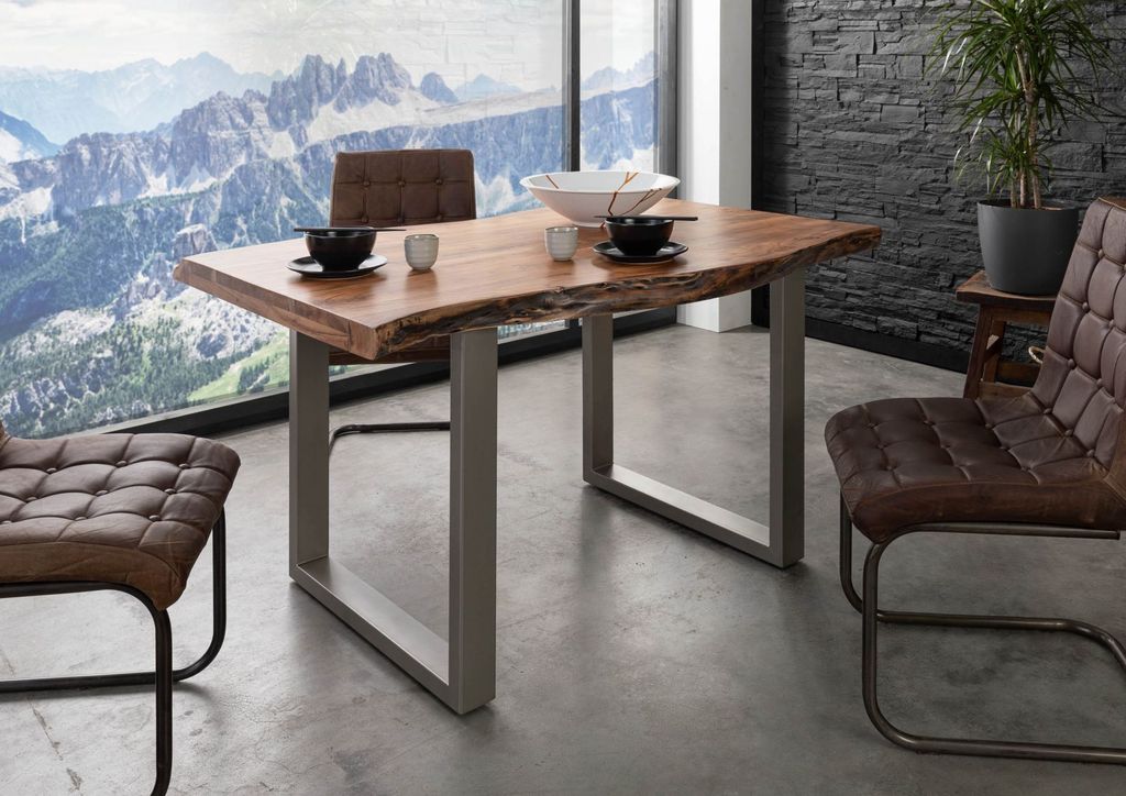 MASSIVMOEBEL24 Baumtisch Akazie 140x90x77 natur lackiert / U-Beine silber matt FREEFORM 5
