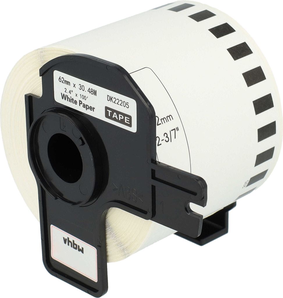 vhbw Etiketten-Rolle mit Halter 62mm x 30,48m (1 Etikette) Ersatz für Brother DK-22205 für Etiketten-Drucker Weiß