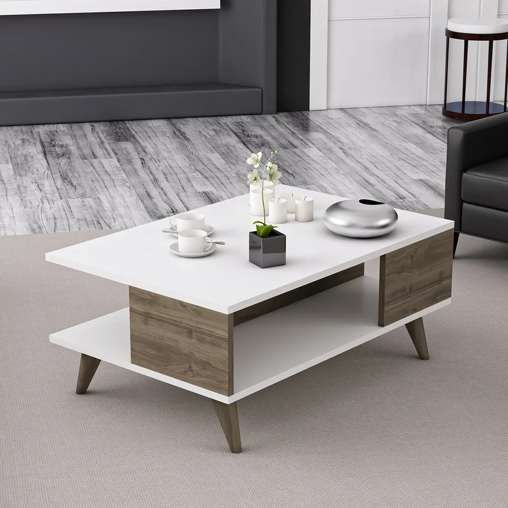 Table basse Grenaa avec plateau inférieur blanc et imitation noyer - 2