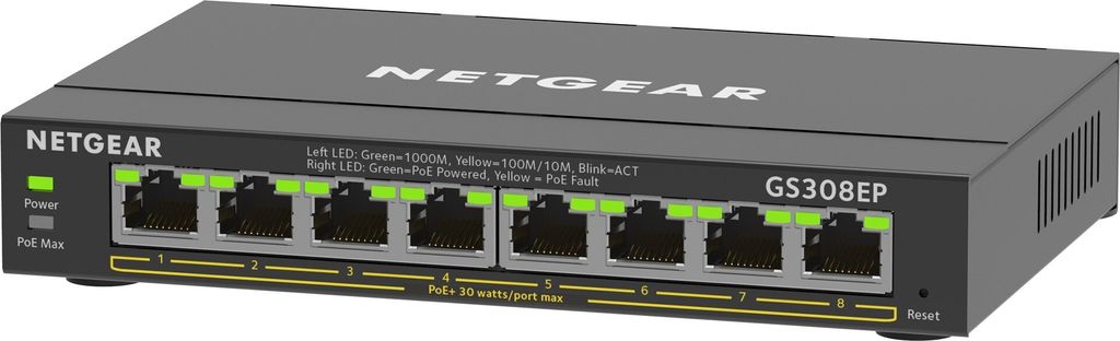 A close-up, angled view of a Netgear GS308EP network switch.