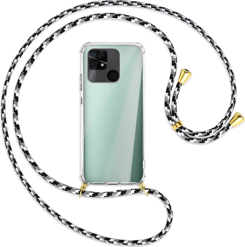 Handykette Backcover-Schutzhülle mit Band (Metall goldfarben) für Xiaomi Redmi 10C - schwarz/grau/weiß
