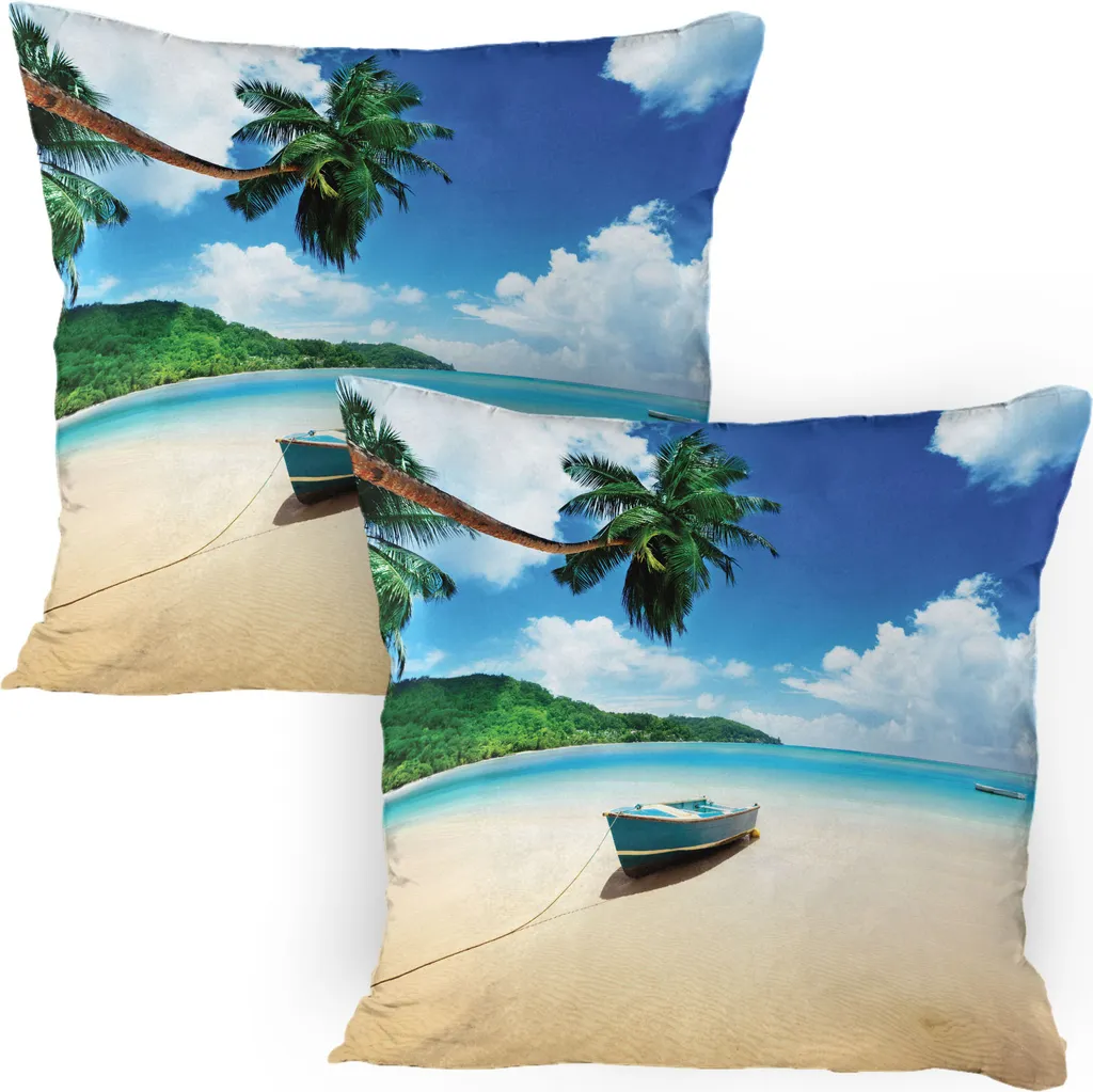 ABAKUHAUS Federa per cuscino da spiaggia Confezione da 2, Barca sulla spiaggia Mahe Island Lagoon Immagine esotica della costa, Federa decorativa stampata, 80x80 cm, Verde Blu Sabbia