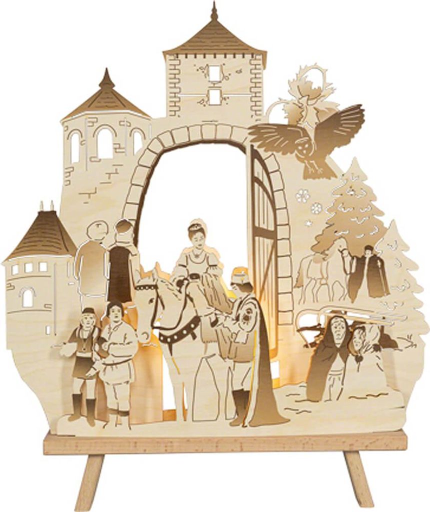 A wooden decorative light featuring a scene from "Three Hazelnuts for Cinderella" with a castle, figures, and a horse.