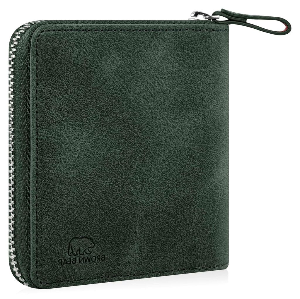 Kleine Leder Geldbörse mit Reißverschluss und Münzfach | RFID-Schutz | Echtleder in Vintage Olive | Geldbeutel für Damen und Herren