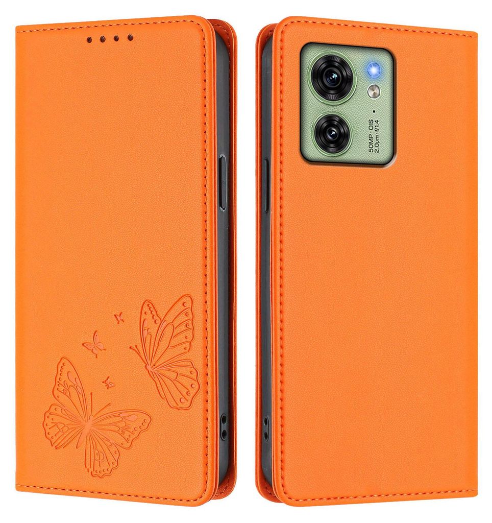 Lederhülle für Motorola Edge 40, Schmetterling Prägung Leder Brieftasche Schutzhülle mit Ständer Orange