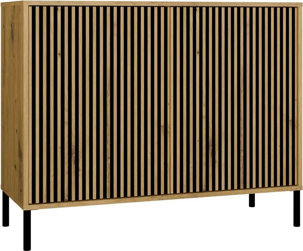 Buffet bas ELBA chêne artisanal et noir, meuble de rangement avec portes