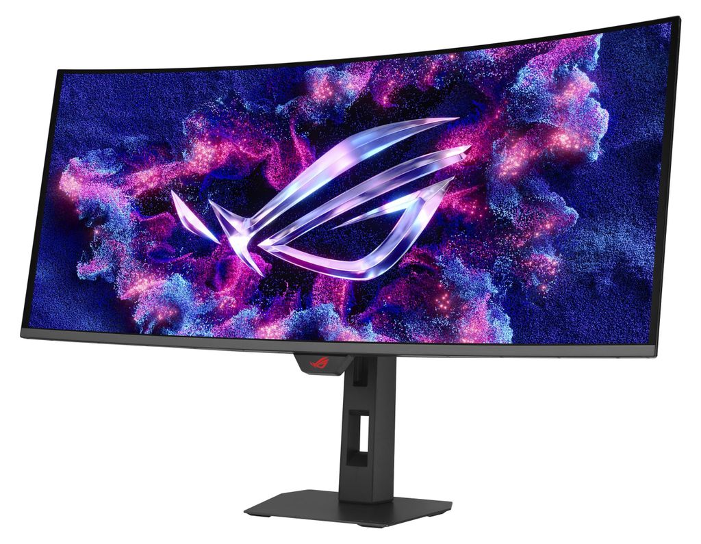 A curved gaming monitor with a colorful, abstract wallpaper displayed.