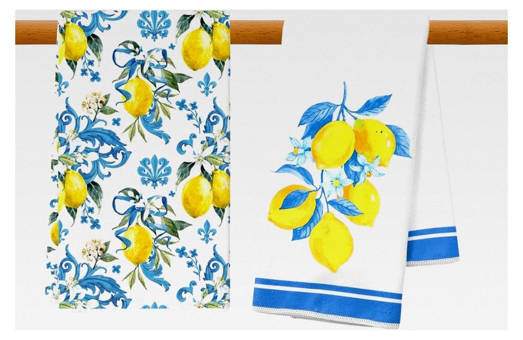 40 * 60CM Hochabsorbierende Küchentücher, 2er-Set mit Zitronen- und Blumenmuster, Halbleinen Geschirrtücher, Hochsaugfähig, Leicht zu Reinigen