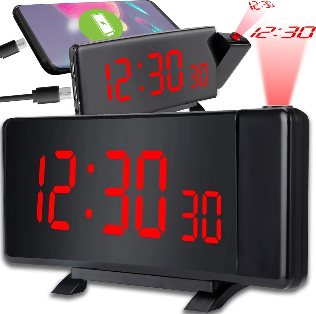 Réveil numérique avec projection plafond et port de charge USB