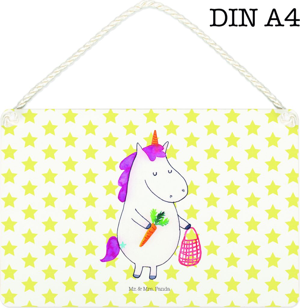 Mr. & Mrs. Panda Schild Einhorn Gemüse DIN A4 - Weiß - Geschenk, Unicorn, Wochenmarkt, Biomarkt, wandtafel, Türschild, Einhörner, Wandbild Holz...