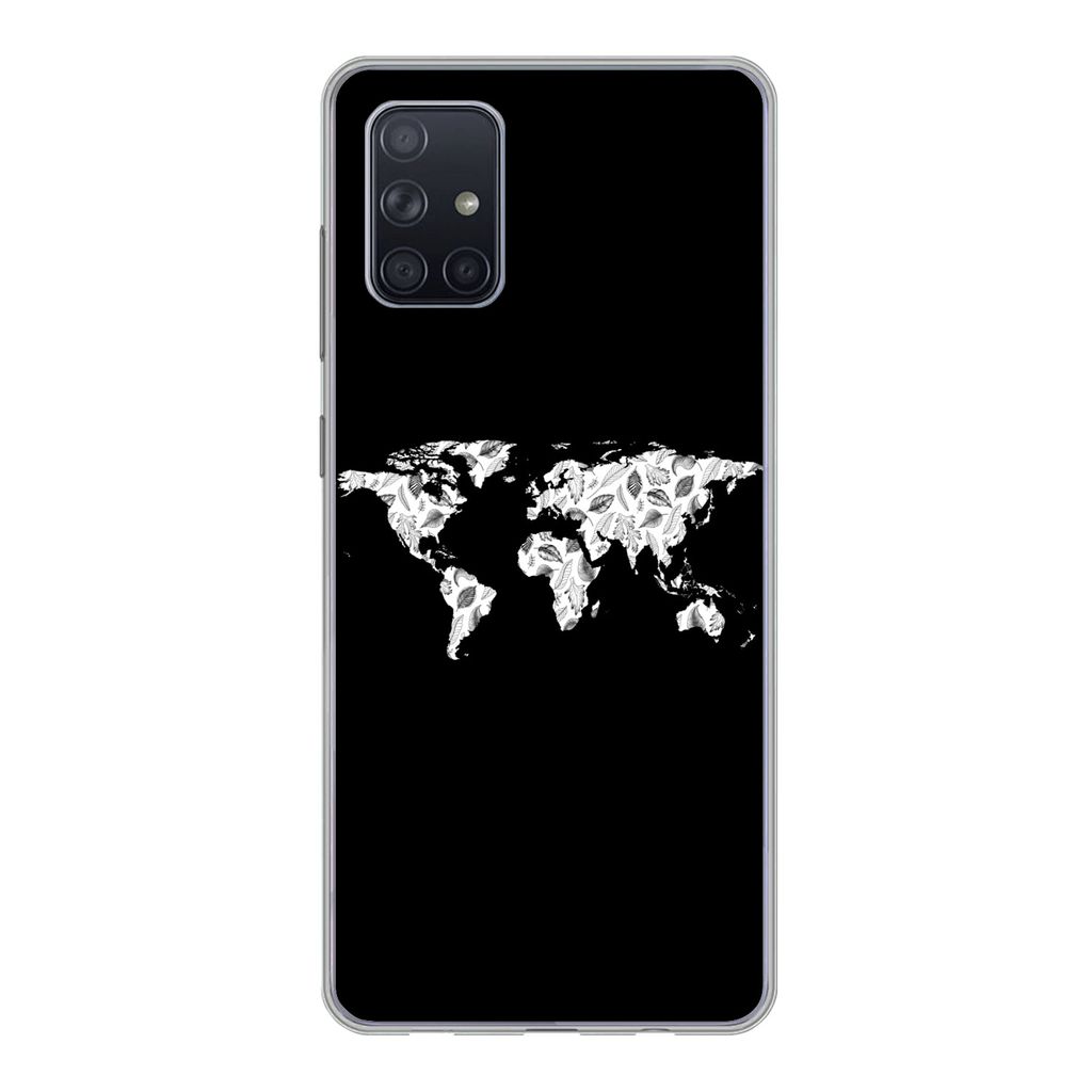 MuchoWow Handyhülle Schutzhülle Hülle für Samsung Galaxy A51 Weltkarte - Blätter - Schwarz Silikon Softcase Handy Hülle - Schutzabdeckung