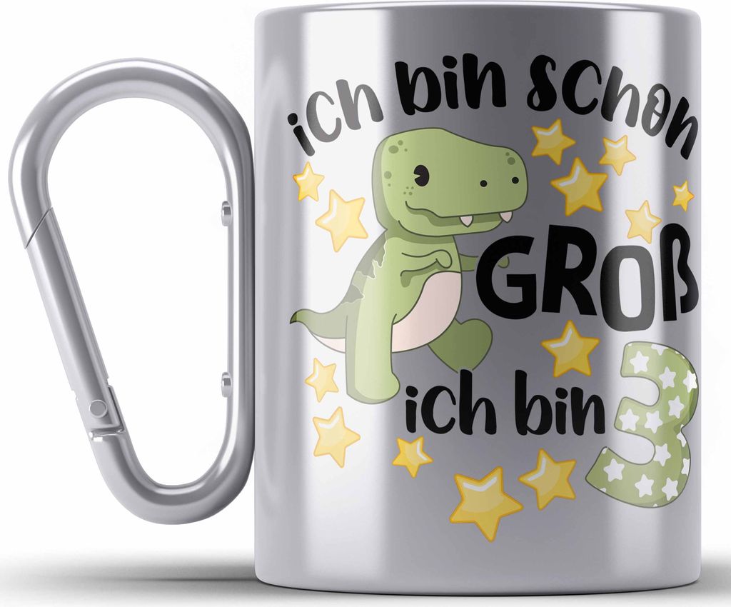Trendation - 3. Geburtstag Edelstahl Tasse Karabiner Jungs Jungen Geschenk 3 Jahre Alt 3 Dino für Jungs Dinosaurier Sohn (Silber)