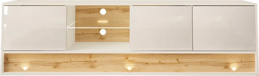 Grand Meuble TV 180 cm avec LED pour Salon Moderne, Blanc et Chêne Wotan