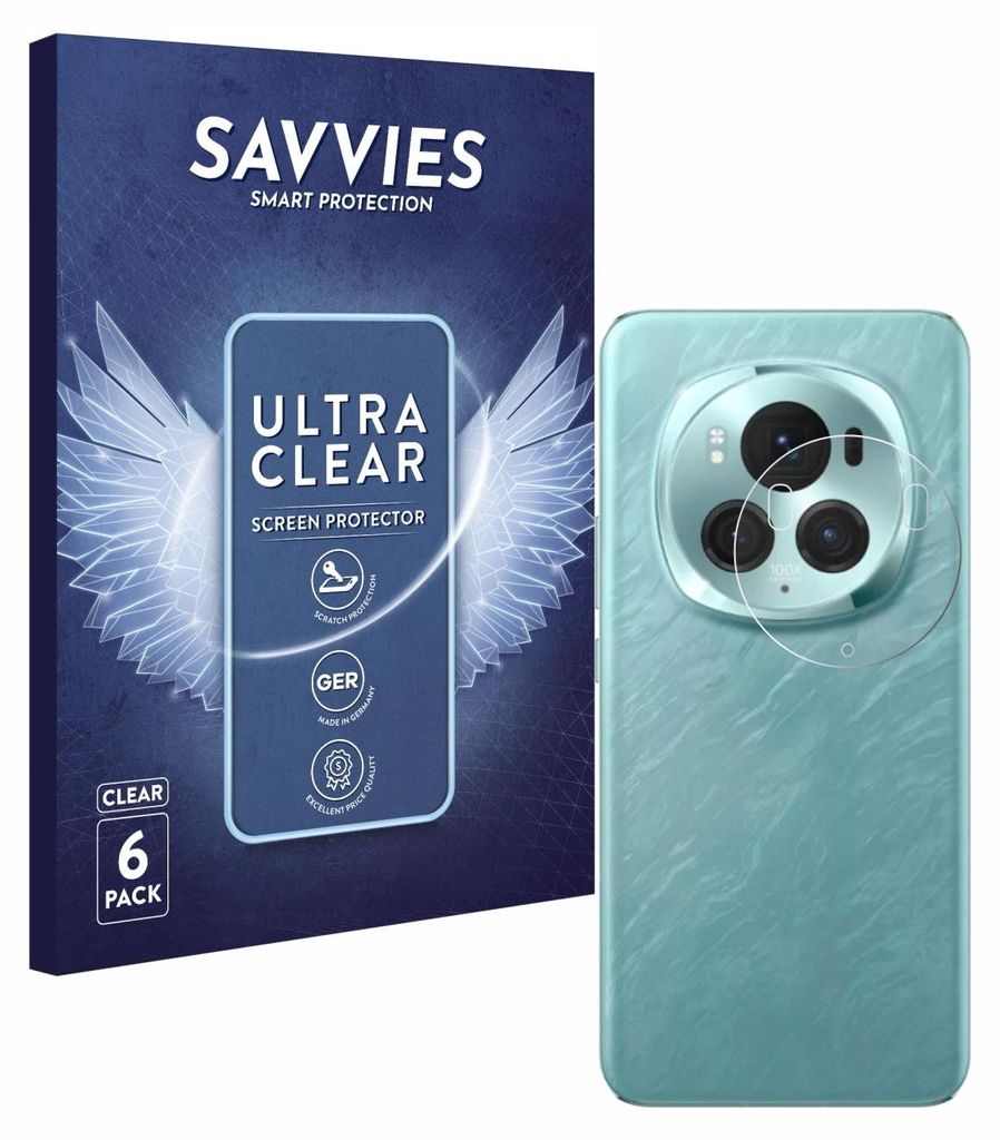 A product packaging box and a smartphone with a camera lens protector.