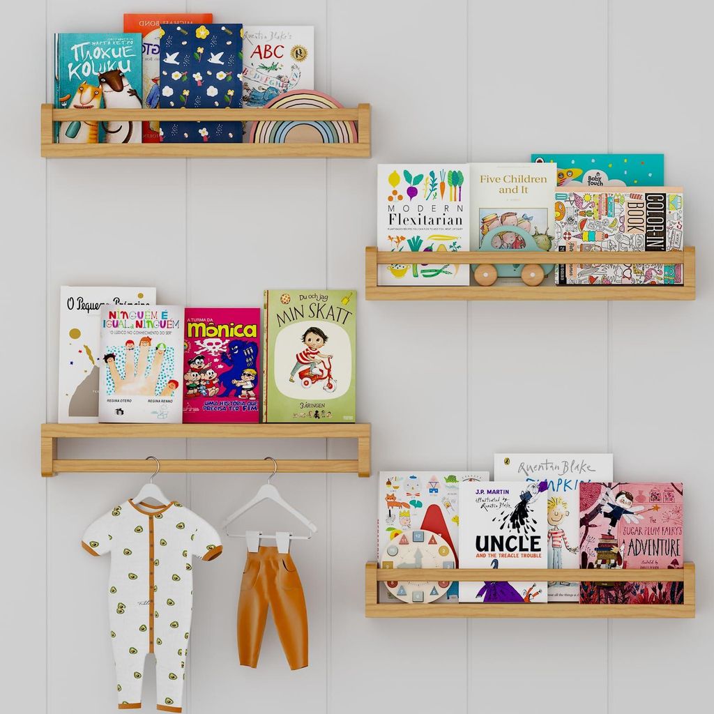 Wandregal fürs Kinderzimmer, 40 cm, Naturholz-Bücherregal, Kinderwandregal-Set, 4er-Set, massive Kiefer, schwebende Regale fürs Kinderzimmer, Ki...