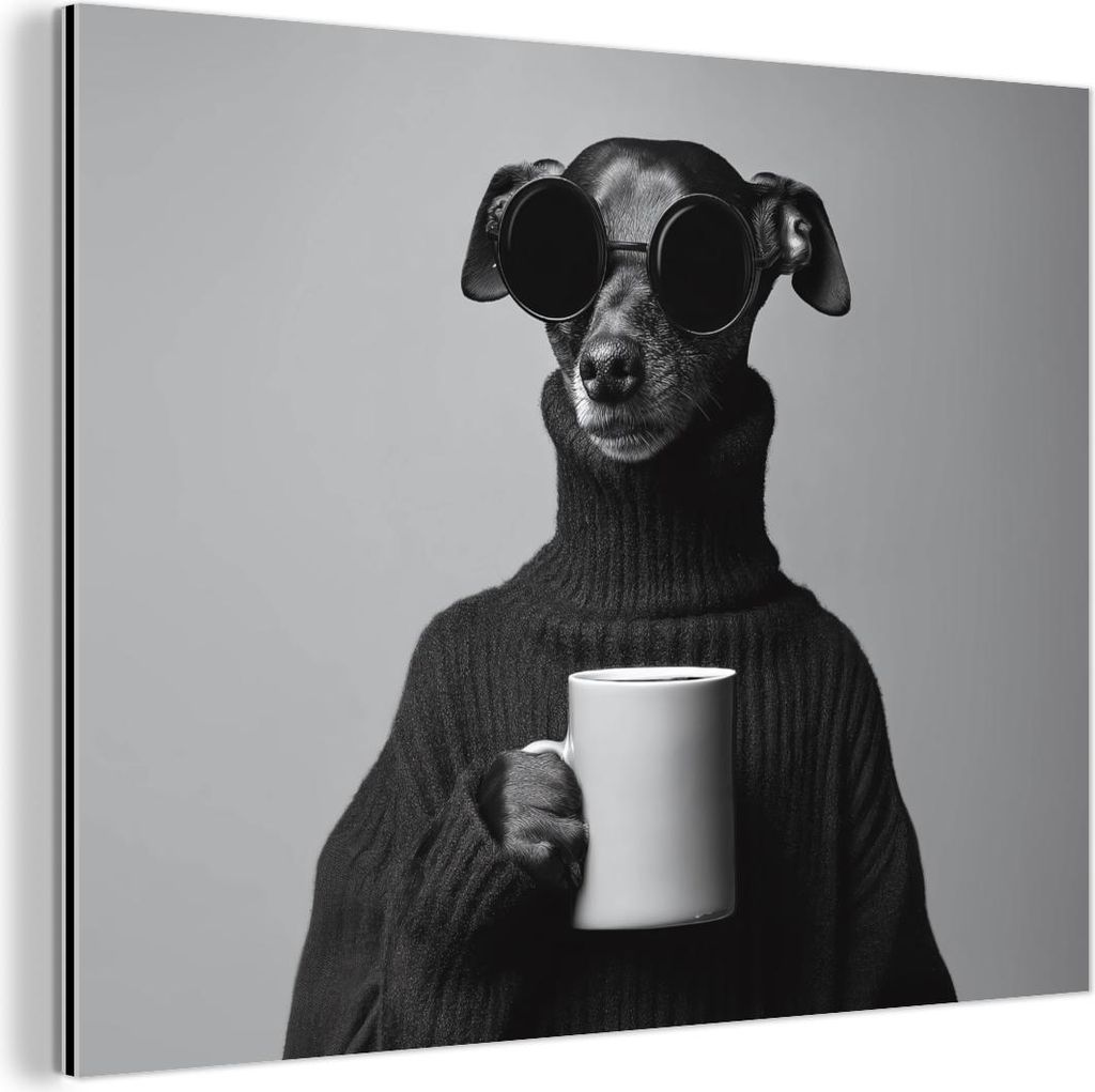 MuchoWow Wanddekoration Metall Metallbild Wandkunst 80x60 cm Rollkragenpullover - Hund - Brille - Becher MuchoWow Aluminium Gemälde - Alubild