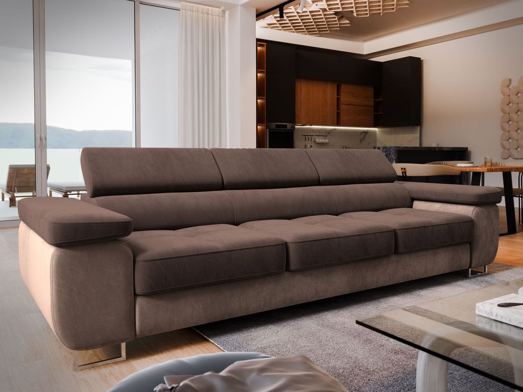 Sofa MOSINE Braun Velours-Stoff mit Schlaffunktion, Wohnzimmersofa, Couch, Soffa, Bettsofa, Couchgarnitur- Braun, MONOLITH 29 + MONOLITH 09