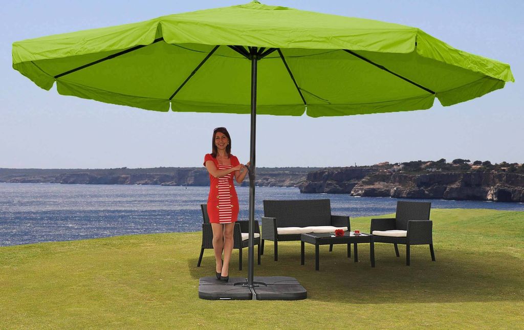 Sonnenschirm Meran Pro, Gastronomie Marktschirm mit Volant Ø 5m Polyester/Alu 28kg grün mit Ständer