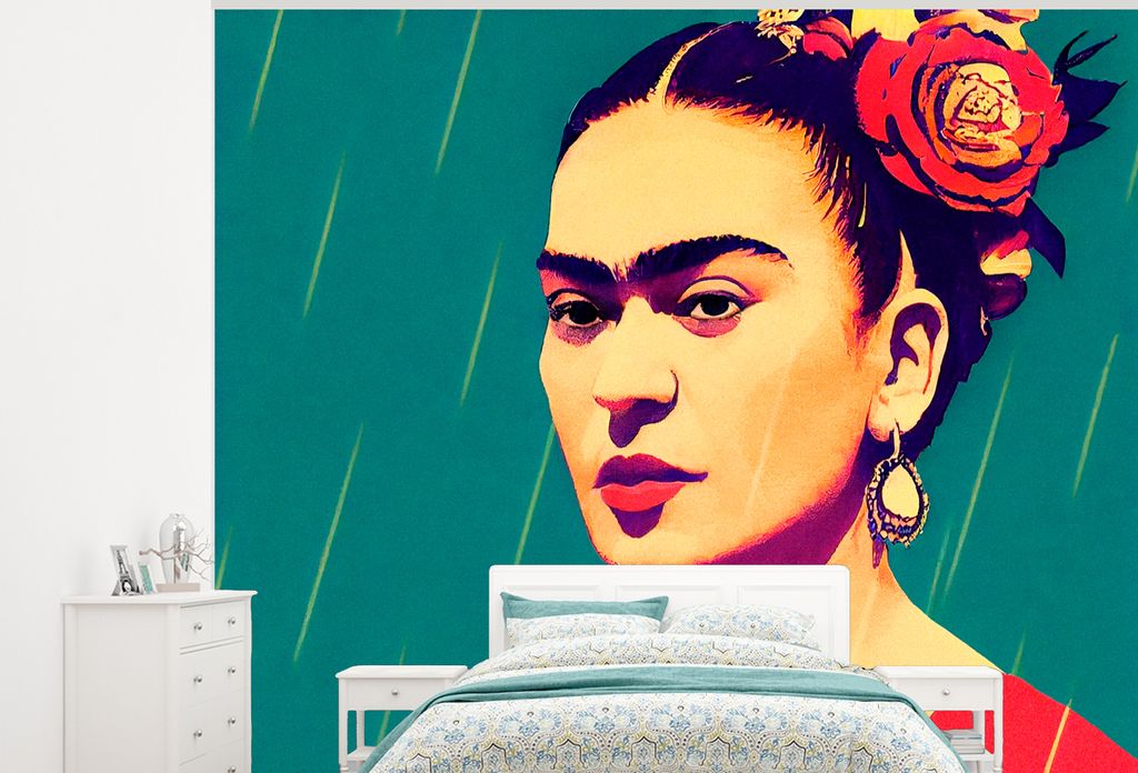 MuchoWow Fototapete für Wohnzimmer oder Schlafzimmer Wandtapete Vinyl Motivtapete Porträt - Frida Kahlo - Frau - Vintage - Rot - 325x260 cm - T...