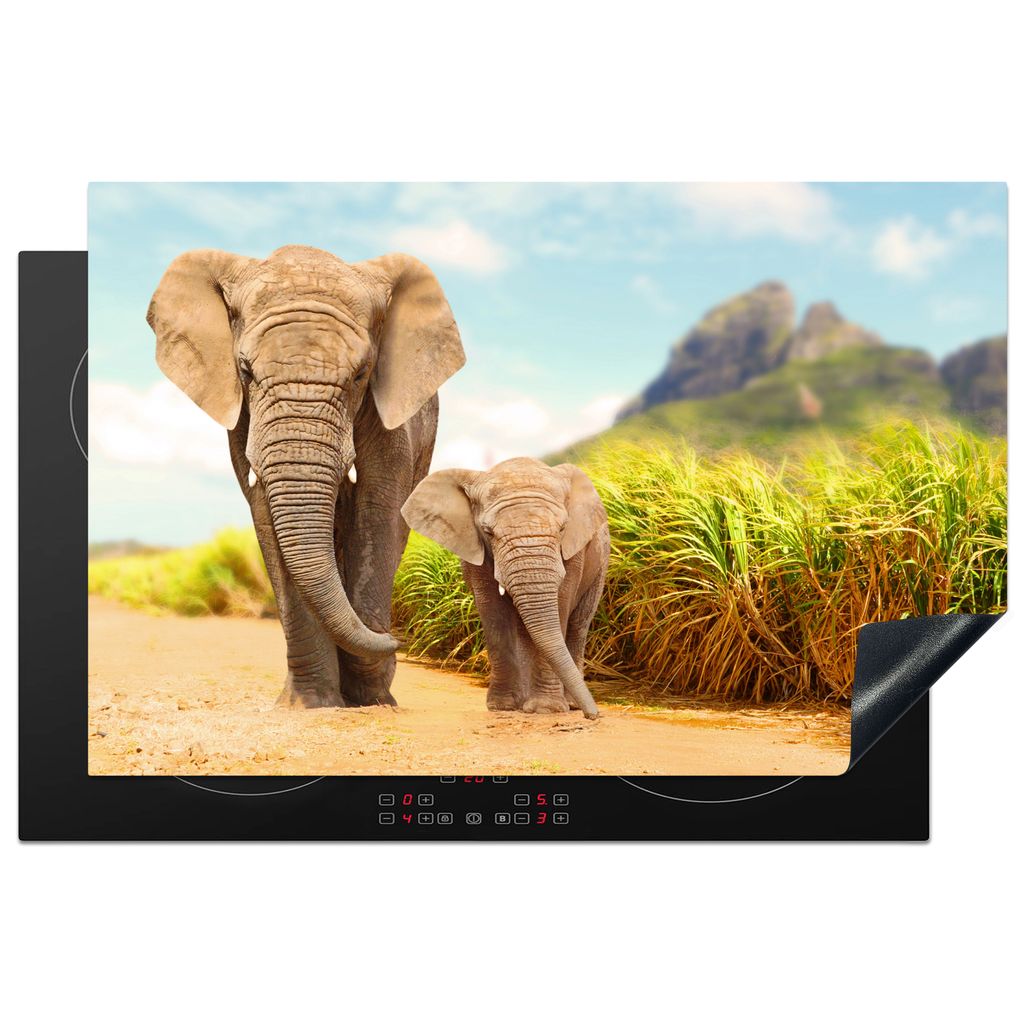 KitchenYeah Herdabdeckplatte Elefanten - Tiere - Natur , 81x52cm, Küche Deko, Glaskeramikkochfeld Herdabdeckung, Abdeckplatte fùr Kochfeld