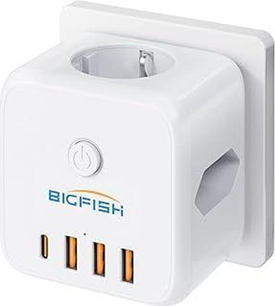 Bigfish Steckdosenleiste mit USB C, Mehrfachsteckdose mit 4 USB, Steckdosenwürfel ohne Kabel, Mehrfachstecker für Steckdose mit Schalter, 3 Fach ...