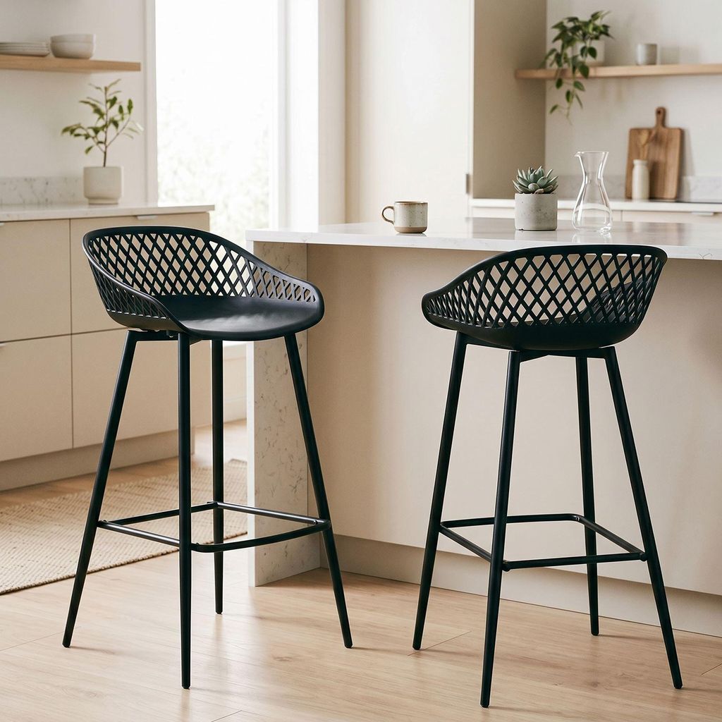Barhocker IREK im Retro-Design, bequemer Tresenhocker im 2er Pack, praktischer Bistrostuhl aus Kunststoff in schwarz