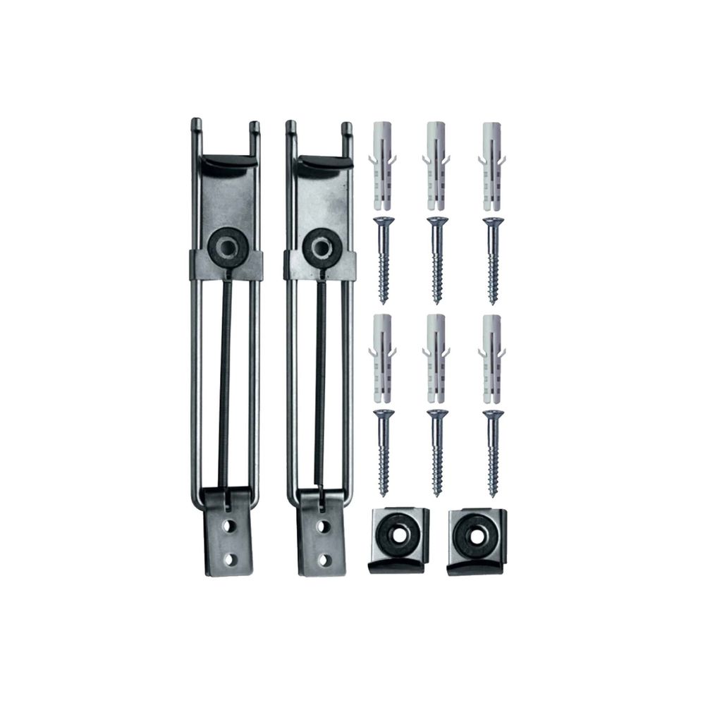 A set of mirror mounting hardware including brackets, screws, and wall anchors, laid out on a white background.