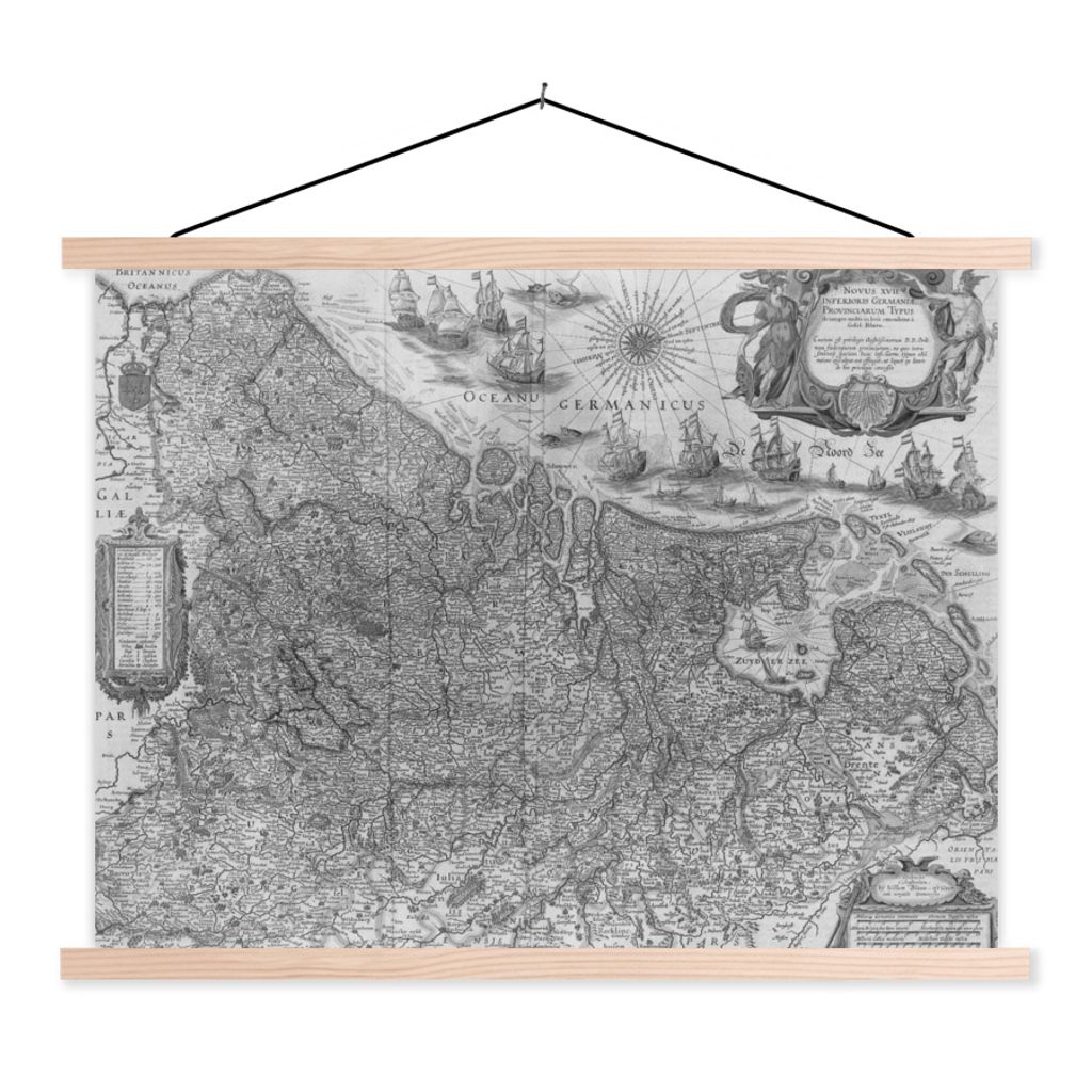 MuchoWow Textilposter Eine alte schwarz-weiße Karte der Niederlande 150x113 cm mit holzfarbenen Rahmen - Poster