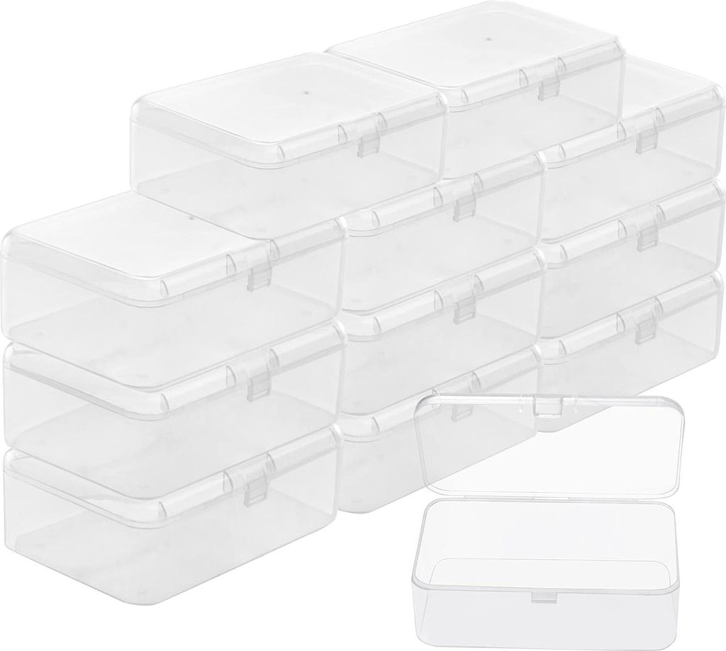 Kleine Aufbewahrungsbox, Kunststoff, transparent, mit klappbarem Deckel (12 Stück), 9 x 6 x 3,3 cm, mini Kunststoffboxen für kleine Perlen, Pille...