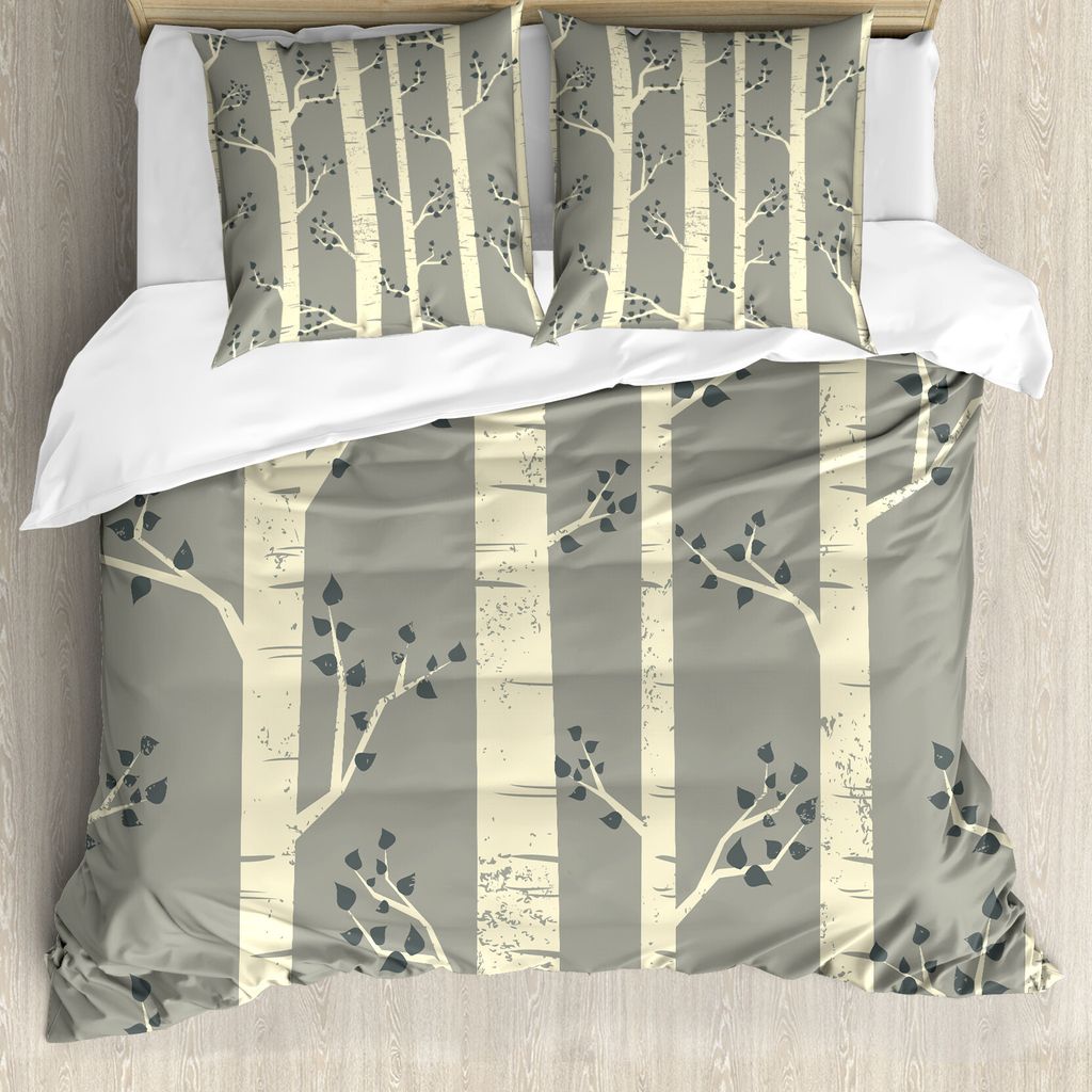 ABAKUHAUS Grau Bettbezug, Birken Natur Boho, Milbensicher Allergiker geeignet mit Kissenbezügen, 155 cm x 220 cm - 80 x 80 cm, Warm Taupe Blassgelb