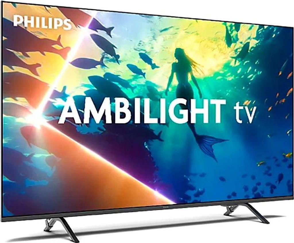 A television screen displaying a vibrant underwater scene with a mermaid and fish, featuring the 'AMBILIGHT tv' logo.