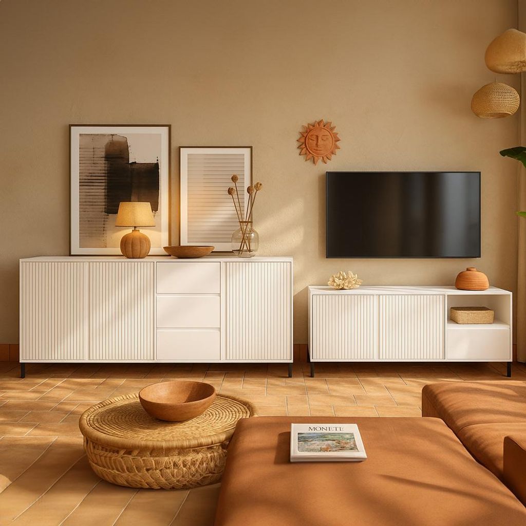 Wohnwand 370 cm Breite in Weiß modern mit Sideboard & Lowboard, 2-teilig - AMELIA-129