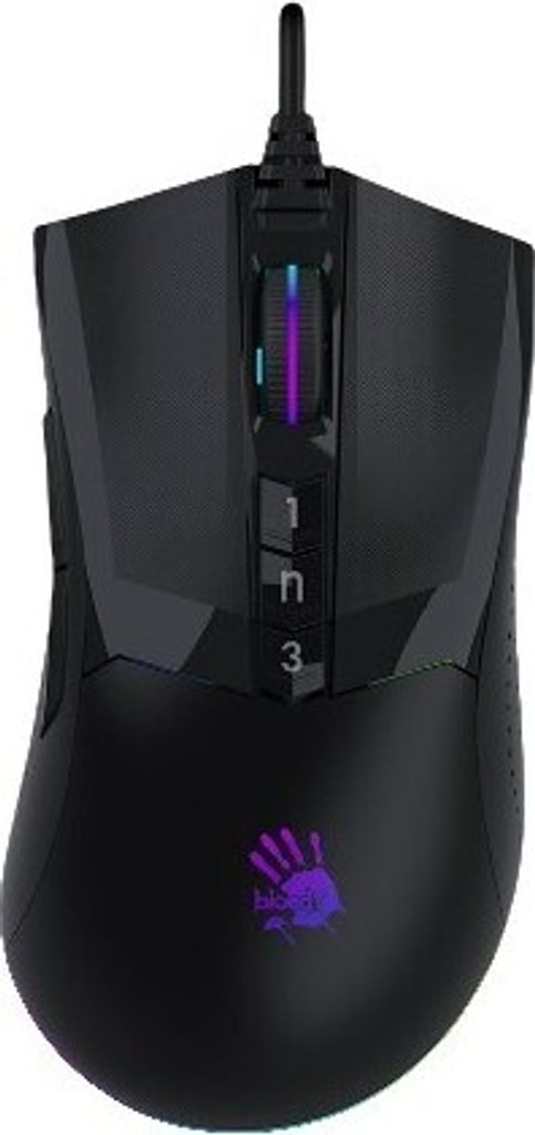 A black gaming mouse with RGB lighting.