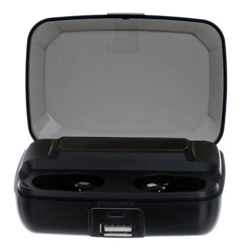 An open black charging case for wireless earbuds, showing the interior and charging ports.