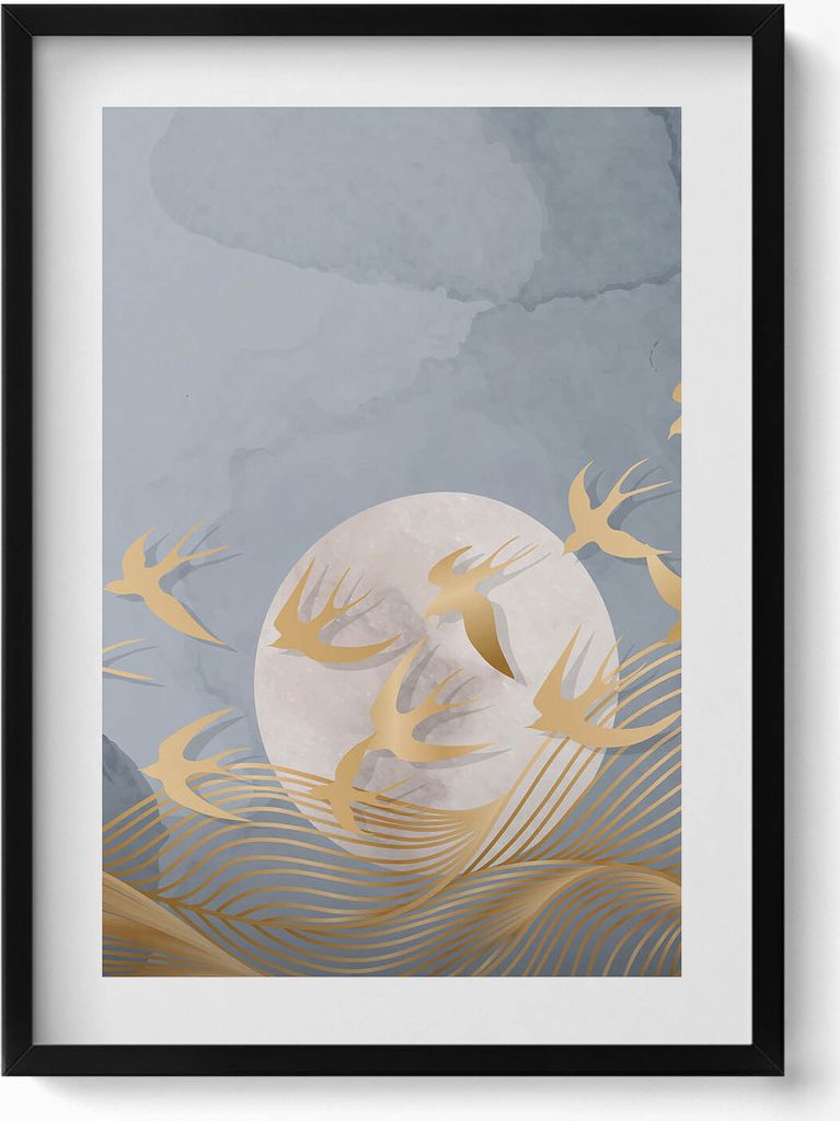 Illustration des Mondes und fliegender Vögel– Wandbild mit Rahmen – Gerahmtes Bild – Wanddekoration – 50x70 cm – Schwarz Rahmen