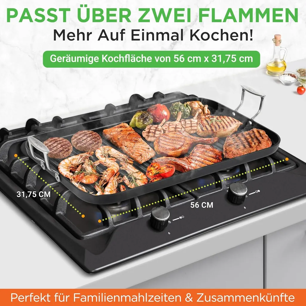 Piastra per grigliare NutriChef, piastra per grigliare plancha 56x32cm - con scanalature, padella antiaderente per grigliare, padella per grigliare, padella in ghisa, padella per friggere - con scarico del grasso - 6