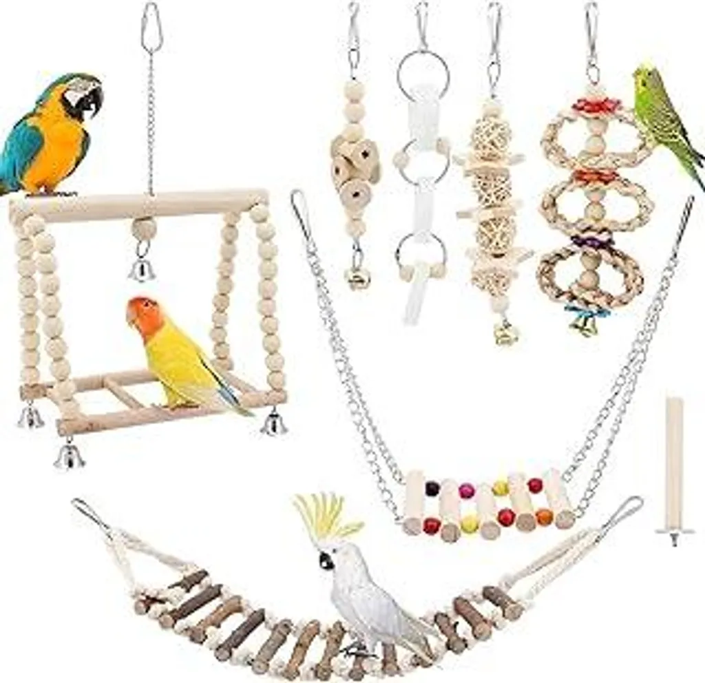 Accessori Gabbia Uccelli: Kit 8 Pezzi Legno Naturale e Campanelle