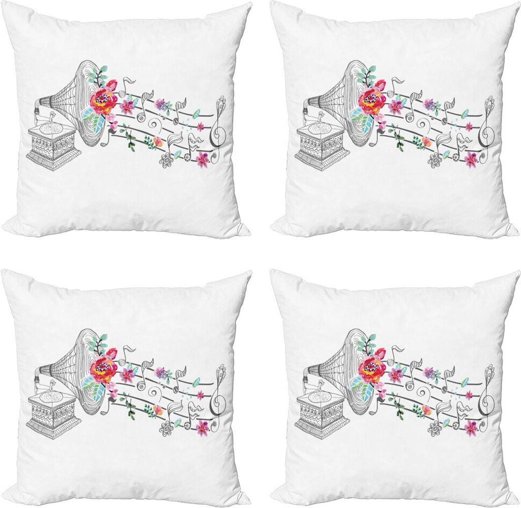 ABAKUHAUS Musik Kissenbezug Set (4 Stück), Alte Gramophone Spieler, Moderner Doppelseitiger Digitaldruck, 40 cm x 40 cm, Grau Schwarz Weiß