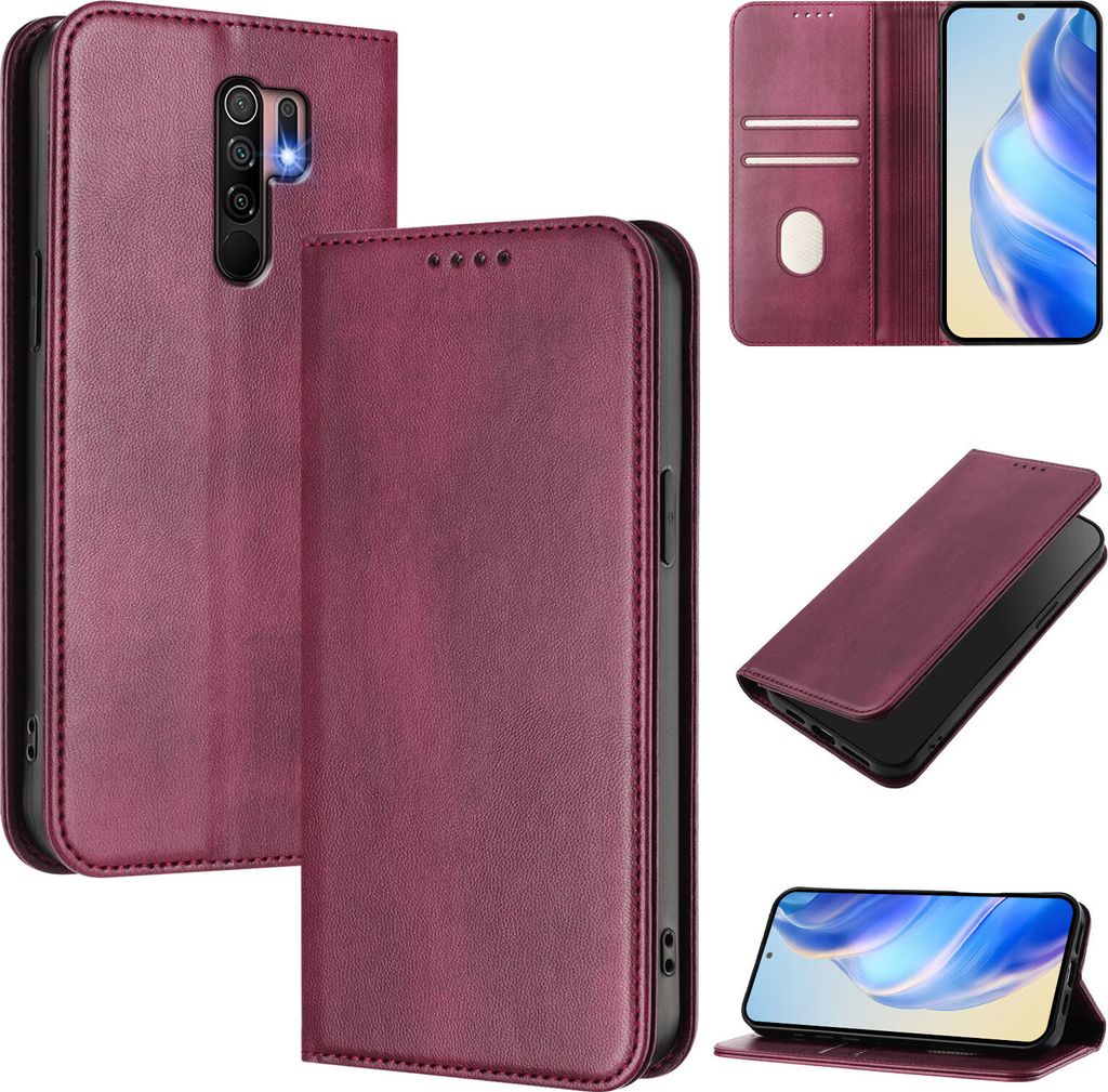 Handyhülle für Xiaomi Poco M2/Poco M1/Redmi 9, Vintage Leder RFID Schutz Kartenfach Standfunktion Magnetische Klapphülle Rot