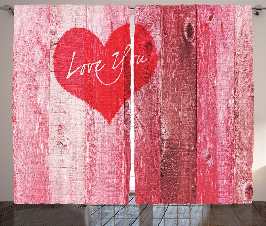 ABAKUHAUS Liebe Rustikaler Gardine, Herz auf Holzbrett, Schlafzimmer Kräuselband Vorhang mit Schlaufen und Haken, 280 x 245 cm, Rot Rosa